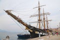 The three masted Palinuro, a historic Italian Navy training barquentine, moored in the Gaeta port.